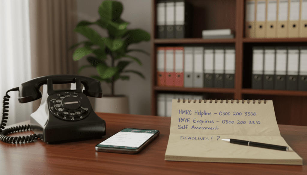 A close-up view of an array of telephone numbers displayed prominently on a wooden desk, with an antique dial phone and a modern smartphone beside them. In the foreground, the classic rotary dial showcases its buttons, while the smartphone's screen glows softly with a number list app open. In the middle ground, a soft-focus note pad with handwritten HMRC-related notes adds context to the scene. The background features blurred office elements like a bookshelf filled with binders and a plant, hinting at a professional environment. Warm, diffused lighting bathes the scene, creating an inviting and informative atmosphere. The composition feels organized and focused, depicting the importance of communication options in an office setting. A close-up view of an array of telephone numbers displayed prominently on a wooden desk, with an antique dial phone and a modern smartphone beside them. In the foreground, the classic rotary dial showcases its buttons, while the smartphone's screen glows softly with a number list app open. In the middle ground, a soft-focus note pad with handwritten HMRC-related notes adds context to the scene. The background features blurred office elements like a bookshelf filled with binders and a plant, hinting at a professional environment. Warm, diffused lighting bathes the scene, creating an inviting and informative atmosphere. The composition feels organized and focused, depicting the importance of communication options in an office setting.