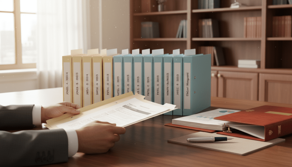 A close-up view of organized beneficiary records on an elegant wooden desk, showcasing neatly stacked files and folders labeled with names and dates. In the foreground, a pair of hands clad in professional business attire are holding a file open, revealing typed documents. The middle ground features a classic leather-bound binder filled with structured pages, while a quality pen rests nearby. The background is softly blurred, revealing a well-lit office space with shelves containing books about charity and finance. Natural light streams through a window, creating a warm, inviting atmosphere that conveys trust and professionalism. This setup emphasizes compliance and diligent record-keeping for charity trustees. The overall mood is serious and focused.