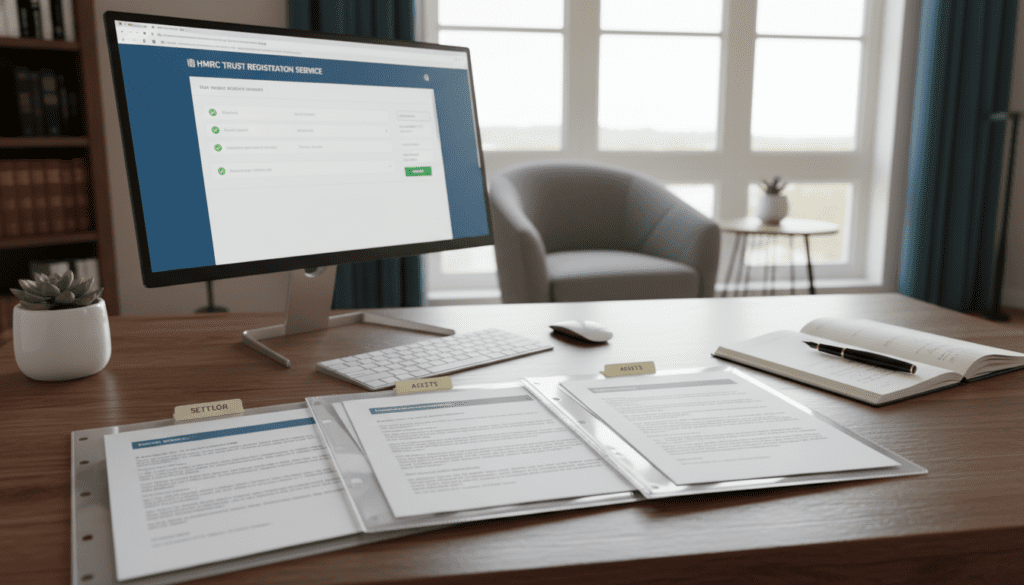 A close-up, well-organized workspace featuring scanned trust documents laid out on a polished wooden desk. In the foreground, several clear plastic document protectors hold neatly arranged pages of trust agreements, with labeled tabs for easy identification. The middle layer shows a modern computer screen displaying the HMRC online submission portal, with visible traces of digital interaction. The background features a cozy, well-lit office environment, with soft daylight streaming through a nearby window, casting gentle shadows. The atmosphere is professional and focused, ideal for an article about document submission compliance. A small potted plant adds a touch of life without distraction, and the overall color palette is warm and inviting, emphasizing clarity and order. No individuals are present in the image.