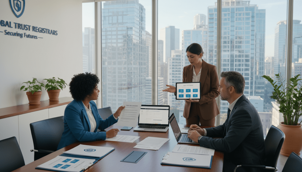 A contemporary office setting focused on trust registration services. In the foreground, a professional, diverse group of three individuals in business attire are engaged in a discussion, showcasing various documents related to trust registration. The middle ground features a sleek conference table with laptops, tablets, and trust-related paperwork like forms and brochures. In the background, a large window offers a view of a city skyline bathed in soft natural light, creating a sense of professionalism and transparency. The atmosphere is serious yet approachable, suggesting collaboration and efficient communication. The camera angle captures a slightly elevated view, emphasizing the action at the table while maintaining a clear focus on the trust registration theme.