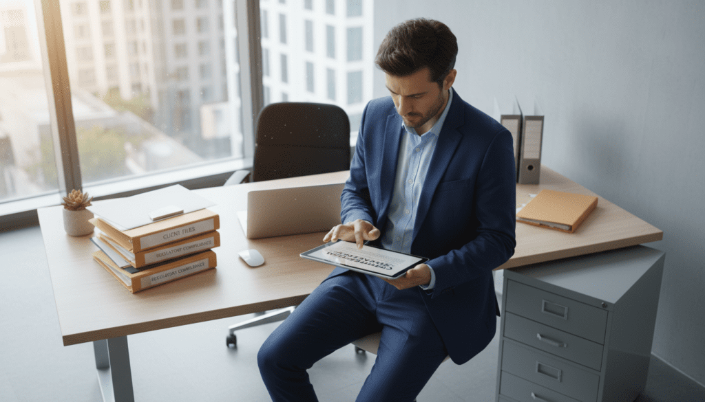 A contemporary office setting highlighting the concept of "agent access." In the foreground, a professional businessperson, dressed in smart attire, examines a digital tablet displaying sensitive trust documents with a focused expression. In the middle ground, an office desk is cluttered with files, a laptop, and a secure file cabinet, symbolizing secure document handling. The background features a large window with soft, diffused natural light streaming in, creating a calm and organized atmosphere. The camera angle is slightly elevated, capturing the depth of the workspace. Overall, the mood is one of professionalism and diligence, emphasizing the importance of security and compliance in handling sensitive information, without any text or distractions in the image.