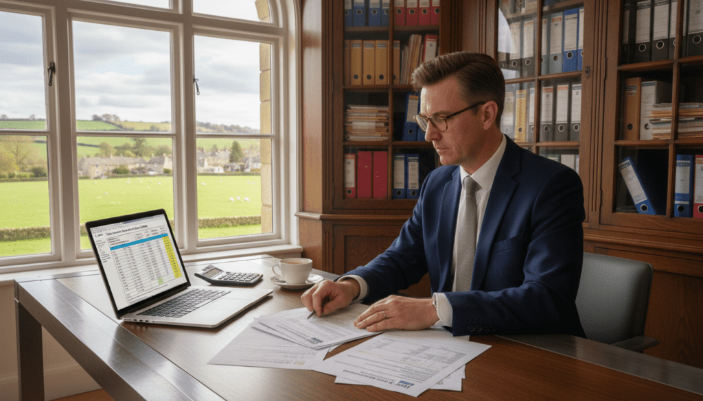 A detailed and informative scene illustrating the concept of "trust income tax" in a UK context. In the foreground, a professional middle-aged man wearing a smart suit, seated at a modern desk, reviews documents and forms related to trust tax. A laptop shows a spreadsheet with numerical data, implying careful financial planning. In the middle ground, a wooden cabinet filled with neatly organized files and binders labeled “Trust Tax” adds to the ambiance of organization. In the background, a large window reveals a view of a serene British landscape, suggesting stability and security. The lighting is soft and warm, creating a welcoming atmosphere. The camera angle is slightly angled down, focusing on the documents and the man’s thoughtful expression, encapsulating the essence of managing trust income tax effectively.