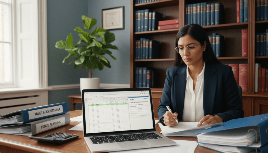 A detailed and organized workspace scene depicting a professional accountant preparing the HMRC Trust and Estate Tax Return 2019. In the foreground, an open laptop displays spreadsheets and tax forms related to trust and estate management. Beside it, neatly arranged documents and a calculator are visible. The middle layer features a focused individual, dressed in smart business attire, intently reviewing the documents, with a thoughtful expression. In the background, a well-organized office space with shelves of tax-related books and a potted plant can be seen, creating a professional and serene atmosphere. Soft, natural lighting filters in from a nearby window, enhancing the clarity of the workspace and providing a calming effect. The angle of the image is slightly elevated, capturing the details of the desk and the individual effectively.
