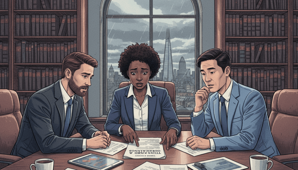 A detailed and professional illustration depicting the concept of "trustees liability." In the foreground, a diverse group of three business professionals, two men and one woman, in smart business attire, are engaged in a serious discussion around a boardroom table. The woman, expressing concern, points to a document that symbolizes trust responsibilities. In the middle ground, a large window reveals a cityscape under a cloudy sky, subtly suggesting the weight of legal obligations. The background features shelves lined with legal books, emphasizing the topic's seriousness. The lighting is soft, with a focus on the faces of the subjects, creating a tense yet professional atmosphere that conveys the importance of understanding HMRC penalties for trustees. The overall mood is serious and contemplative, evoking the gravity of financial responsibilities.