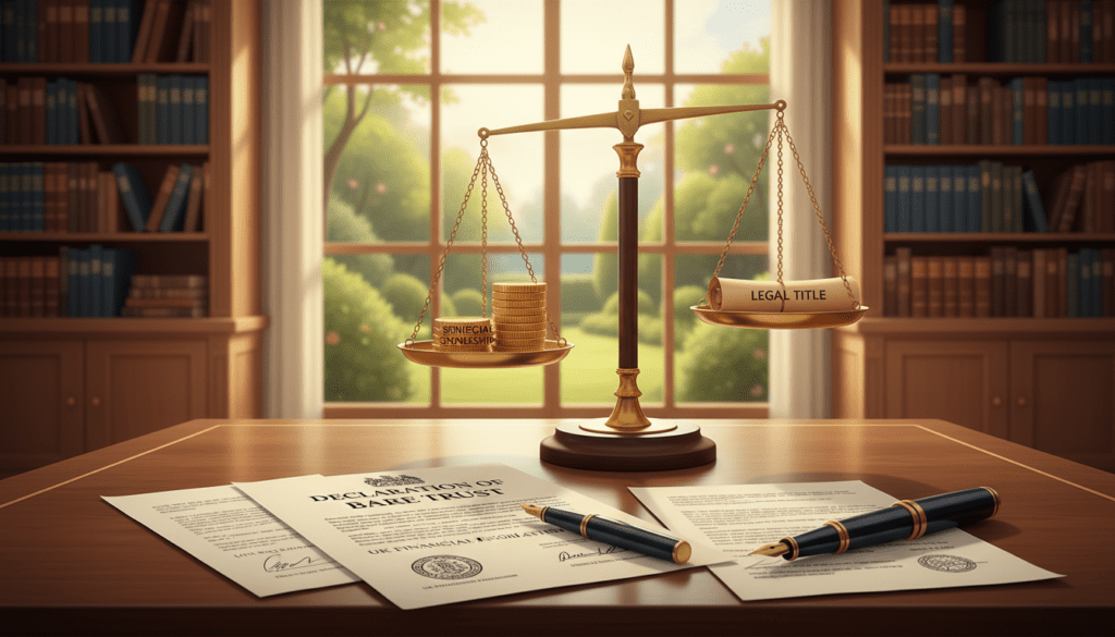 A detailed and professional illustration of a "bare trust" concept in a UK financial context. In the foreground, depict a close-up view of an elegant wooden table with documents showing a trust deed, legal papers, and a pen, symbolizing the formal aspect of trusts. In the middle ground, include a visually appealing balance scale representing equity and liability, set against a backdrop of soft-focus, lush greenery through a window, conveying stability and growth. The background should have an airy office setting with a large bookshelf filled with law books and financial references. Use warm, natural lighting to create a welcoming atmosphere, with a depth of field effect to draw focus to the foreground elements. The overall mood should be professional, informative, and harmonious.