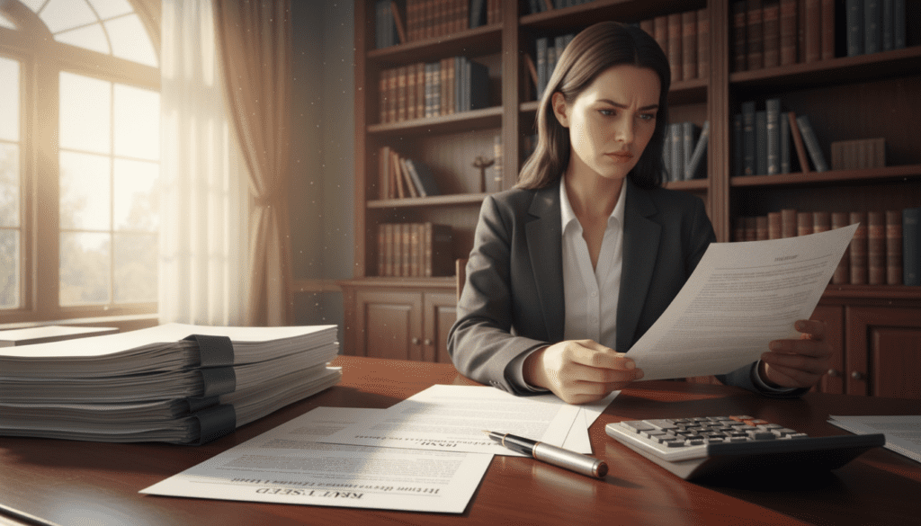 A detailed composition depicting the concept of income tax as it relates to trusts. In the foreground, an elegant wooden desk with neatly stacked paperwork, featuring financial documents and forms related to trusts and income tax, prominently displayed. A calculator and a stylish pen add to the professional ambiance. The middle ground features a thoughtful individual in formal business attire, examining the documents, with a look of concentration. Soft, natural light filters through a nearby window, casting a warm glow over the scene. In the background, a bookshelf filled with law and finance books hints at the complexity of the subject. The overall mood is serious yet professional, capturing the essence of trust liabilities and income tax compliance.