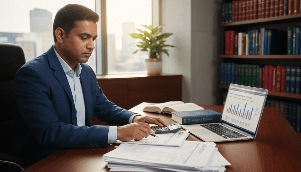 A detailed composition illustrating the concept of income tax within the context of trust income for 2024/25. In the foreground, a well-dressed trustee, a middle-aged South Asian man in a professional suit, thoughtfully reviews financial documents on a polished wooden desk. In the middle ground, various tax-related items: a calculator, a stack of tax forms, and a laptop displaying charts and figures, all illuminated by soft, natural light from a nearby window. The background features a modern office environment with shelves of financial books and a potted plant, contributing a professional yet inviting atmosphere. The overall mood reflects diligence and responsibility, emphasizing the importance of accurate income tax management for trustees. A detailed composition illustrating the concept of income tax within the context of trust income for 2024/25. In the foreground, a well-dressed trustee, a middle-aged South Asian man in a professional suit, thoughtfully reviews financial documents on a polished wooden desk. In the middle ground, various tax-related items: a calculator, a stack of tax forms, and a laptop displaying charts and figures, all illuminated by soft, natural light from a nearby window. The background features a modern office environment with shelves of financial books and a potted plant, contributing a professional yet inviting atmosphere. The overall mood reflects diligence and responsibility, emphasizing the importance of accurate income tax management for trustees.