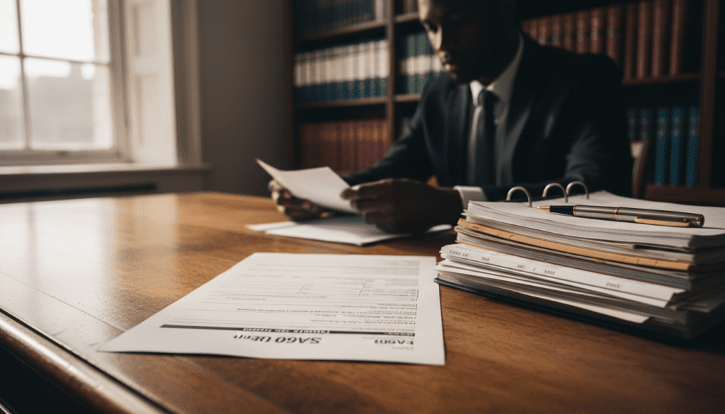 A detailed depiction of the SA900 Trustee Tax Return form prominently displayed on a wooden desk, illuminated by soft, natural light filtering through a nearby window, casting gentle shadows. In the foreground, a well-organized stack of financial documents and a classy ballpoint pen lie beside the form, conveying professionalism and attention to detail. In the middle ground, a blurred silhouette of a person in formal business attire, reviewing the documents with a focused expression, creating a sense of dedication and responsibility. The background features a subtle bookshelf filled with binders, reflecting an orderly workspace. The overall atmosphere is serious yet calm, emphasizing the importance of tax compliance for trusts and estates, without any distracting elements or text present. A detailed depiction of the SA900 Trustee Tax Return form prominently displayed on a wooden desk, illuminated by soft, natural light filtering through a nearby window, casting gentle shadows. In the foreground, a well-organized stack of financial documents and a classy ballpoint pen lie beside the form, conveying professionalism and attention to detail. In the middle ground, a blurred silhouette of a person in formal business attire, reviewing the documents with a focused expression, creating a sense of dedication and responsibility. The background features a subtle bookshelf filled with binders, reflecting an orderly workspace. The overall atmosphere is serious yet calm, emphasizing the importance of tax compliance for trusts and estates, without any distracting elements or text present.