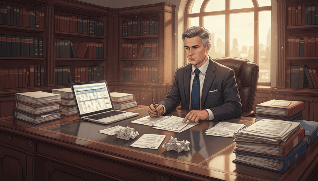 A detailed illustration of a UK trustee's workspace, showcasing a large, polished wooden desk in the foreground with neatly stacked, organized documents and a laptop displaying financial spreadsheets. In the middle ground, include a confident, professional trustee dressed in formal business attire, thoughtfully reviewing tax documents. A couple of tax forms, visible but not identifiable, should be spread across the desk. The background features a well-lit office environment with shelves filled with legal books and a large window allowing soft natural light to flow in, casting a warm and inviting atmosphere. The overall mood conveys diligence and responsibility, essential for understanding trust taxation. Use a slightly elevated camera angle to capture the scene comprehensively, creating a sense of professionalism and order. A detailed illustration of a UK trustee's workspace, showcasing a large, polished wooden desk in the foreground with neatly stacked, organized documents and a laptop displaying financial spreadsheets. In the middle ground, include a confident, professional trustee dressed in formal business attire, thoughtfully reviewing tax documents. A couple of tax forms, visible but not identifiable, should be spread across the desk. The background features a well-lit office environment with shelves filled with legal books and a large window allowing soft natural light to flow in, casting a warm and inviting atmosphere. The overall mood conveys diligence and responsibility, essential for understanding trust taxation. Use a slightly elevated camera angle to capture the scene comprehensively, creating a sense of professionalism and order.