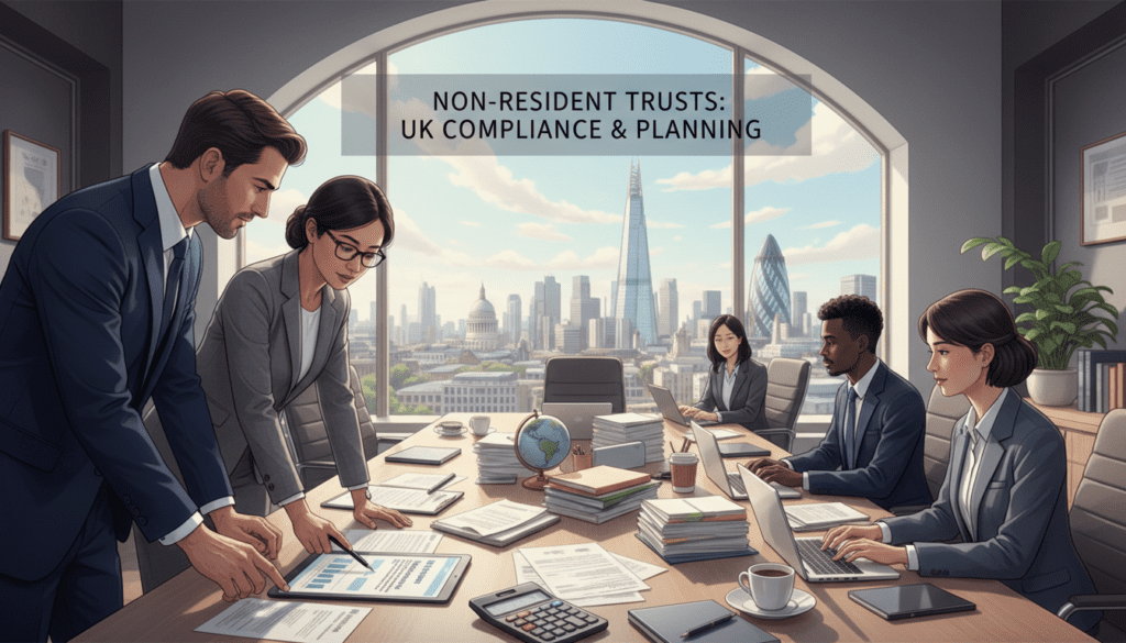 A detailed illustration of the concept of non-resident trusts in the UK, featuring a diverse group of professionals in a modern office setting. In the foreground, two individuals in professional attire—one male and one female—are discussing financial documents, emphasizing trust management. The middle layer shows a large table cluttered with papers, calculators, and digital devices displaying graphs related to income and assets of non-resident trusts. The background features a large window with a view of the London skyline, casting natural light into the room, enhancing a serious and focused atmosphere. The overall mood reflects professionalism and diligence, with a color palette of muted blues and greys to underscore the financial theme. A detailed illustration of the concept of non-resident trusts in the UK, featuring a diverse group of professionals in a modern office setting. In the foreground, two individuals in professional attire—one male and one female—are discussing financial documents, emphasizing trust management. The middle layer shows a large table cluttered with papers, calculators, and digital devices displaying graphs related to income and assets of non-resident trusts. The background features a large window with a view of the London skyline, casting natural light into the room, enhancing a serious and focused atmosphere. The overall mood reflects professionalism and diligence, with a color palette of muted blues and greys to underscore the financial theme.