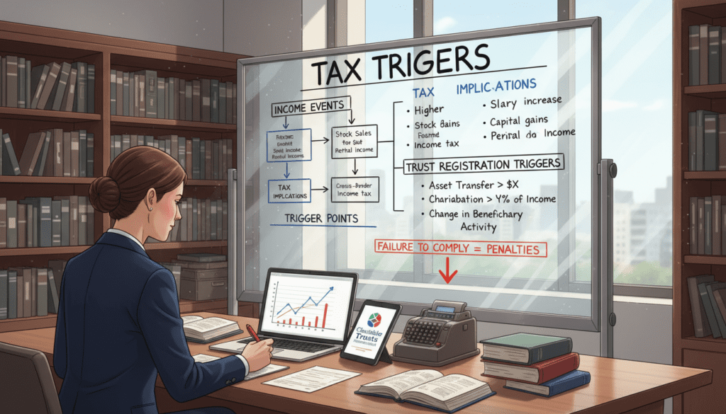 A detailed illustration of the concept of "tax triggers" associated with income tax and trust registration. In the foreground, a professional accountant, dressed in smart business attire, is analyzing financial documents on a desk cluttered with tax forms, calculators, and a laptop displaying graphs. In the middle ground, a large whiteboard shows colorful diagrams and bullet points highlighting key tax triggers. The background features a modern office setting with shelves lined with books on tax law and finance. Bright, natural lighting filters through a large window, creating a focused and serious atmosphere. The composition should emphasize clarity and organization, reflecting the importance of understanding tax regulations for charitable investments. A detailed illustration of the concept of "tax triggers" associated with income tax and trust registration. In the foreground, a professional accountant, dressed in smart business attire, is analyzing financial documents on a desk cluttered with tax forms, calculators, and a laptop displaying graphs. In the middle ground, a large whiteboard shows colorful diagrams and bullet points highlighting key tax triggers. The background features a modern office setting with shelves lined with books on tax law and finance. Bright, natural lighting filters through a large window, creating a focused and serious atmosphere. The composition should emphasize clarity and organization, reflecting the importance of understanding tax regulations for charitable investments.
