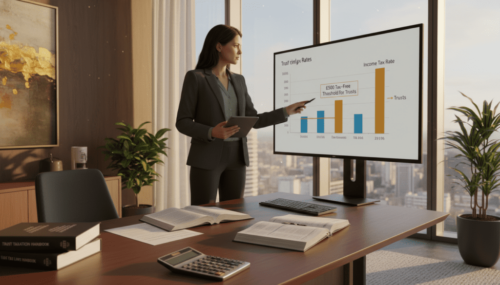 A detailed office setting focused on income tax rates for trusts. In the foreground, a large wooden desk features neatly arranged financial documents and a calculator, symbolizing financial planning. In the middle ground, a professional figure in business attire examines charts and graphs depicting the £500 tax-free amount, with expressions of concentration and understanding. The background shows a modern office with large windows allowing natural light to pour in, casting soft shadows across the room. The atmosphere should be serious yet inviting, with a color palette of warm browns, soft greens, and hints of gold, evoking a sense of professionalism and trust. The angle is slightly elevated, providing a comprehensive view of the workspace without any text or distractions.