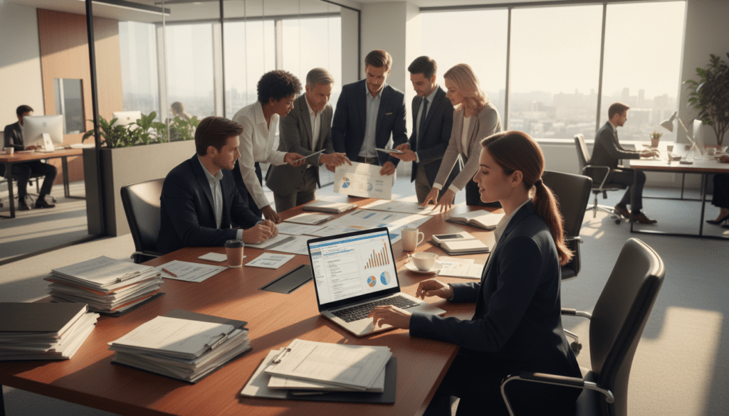 A detailed office setting, foreground features a confident woman in a professional business suit, sitting at a desk cluttered with papers, a laptop displaying HMRC forms and colorful charts. The middle space shows a group of diverse individuals collaborating, discussing trust registration, with papers detailing charitable trusts laid out on a nearby table. In the background, a modern office environment with large windows allowing natural light to illuminate the room, casting soft shadows. The atmosphere conveys a sense of urgency and professionalism, emphasizing teamwork and focus. The lighting is bright and warm, evoking a feeling of productivity and determination, shot from a slightly elevated angle to capture the entire scene.
