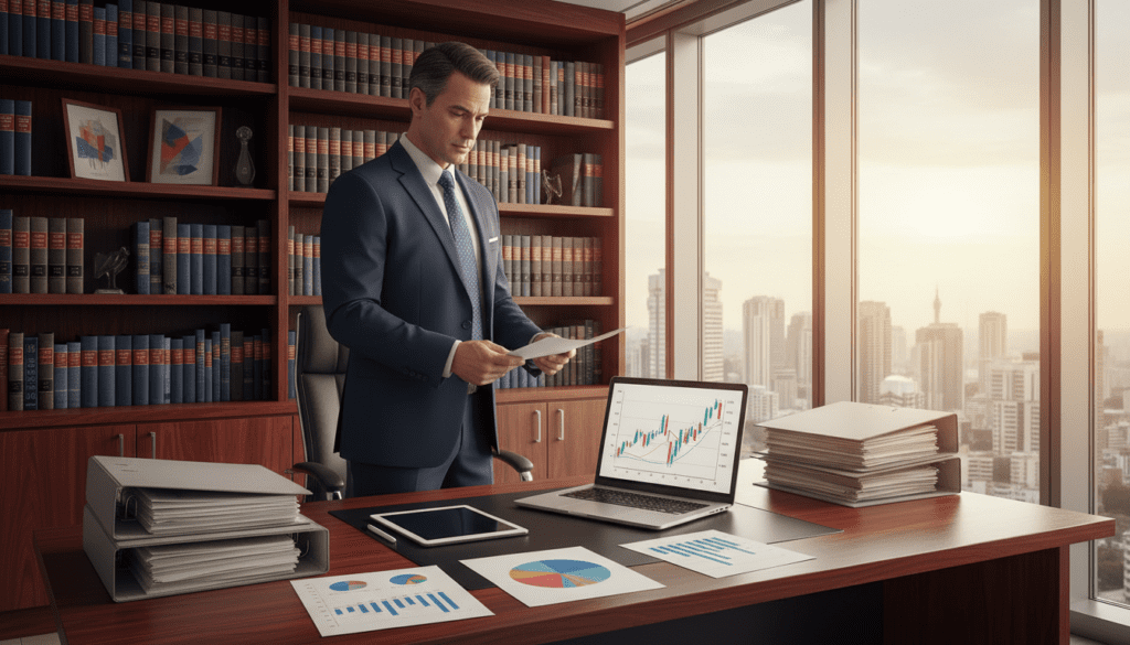 A detailed office setting showcasing a professional environment focused on capital gains. In the foreground, a polished wooden desk with neat stacks of financial documents, colorful graphs, and an open laptop displaying a financial chart. The middle ground features a thoughtfully arranged bookshelf filled with legal and financial texts. In the background, large windows with natural light pouring in, revealing a city skyline, indicating a bustling financial district. A middle-aged financial advisor in formal business attire stands thoughtfully, examining the documents. The atmosphere is serious yet optimistic, with warm lighting that creates a welcoming yet focused mood, emphasizing the importance of informed financial decisions. The overall composition is balanced, with an emphasis on clarity and professionalism, free of any text or distractions. A detailed office setting showcasing a professional environment focused on capital gains. In the foreground, a polished wooden desk with neat stacks of financial documents, colorful graphs, and an open laptop displaying a financial chart. The middle ground features a thoughtfully arranged bookshelf filled with legal and financial texts. In the background, large windows with natural light pouring in, revealing a city skyline, indicating a bustling financial district. A middle-aged financial advisor in formal business attire stands thoughtfully, examining the documents. The atmosphere is serious yet optimistic, with warm lighting that creates a welcoming yet focused mood, emphasizing the importance of informed financial decisions. The overall composition is balanced, with an emphasis on clarity and professionalism, free of any text or distractions.