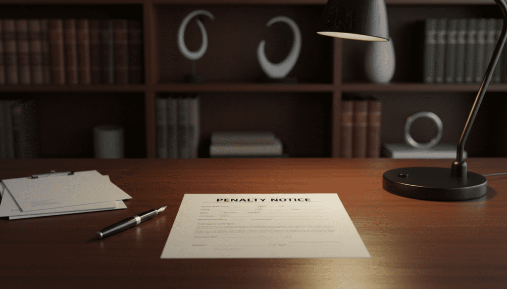 A detailed, realistic penalty notice resting on a polished wooden office desk. The notice is neatly displayed with a clear layout, featuring a bold header and space for details, but without any specific text. Foreground elements include a sleek black pen and a small stack of official documents beside the notice. In the middle, an elegant, modern desk lamp casts a warm light, creating soft shadows that enhance the document’s importance. The background consists of a blurred office environment, with a bookshelf filled with law and finance books. The overall atmosphere is serious and professional, conveying tension mixed with the need for resolution. The image should be well-lit, focusing on the notice and documents, with a slight depth of field to emphasize the subject.