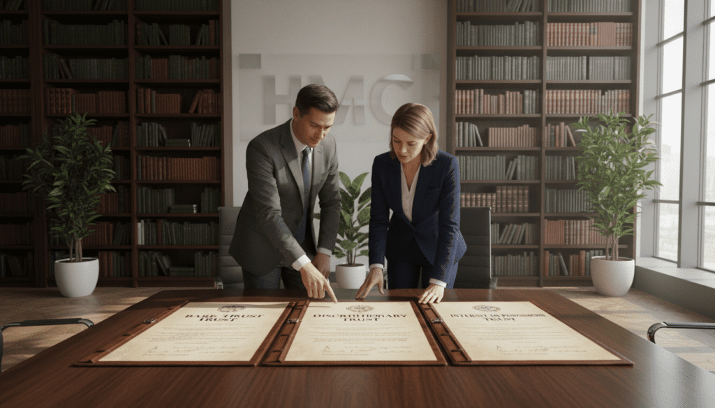 A detailed visualization of the various types of trusts recognized by HMRC, set in a professional office environment. In the foreground, a polished wooden table showcases three distinct trust documents, each labeled with a different type: “Bare Trust,” “Discretionary Trust,” and “Interest in Possession Trust.” In the middle ground, two professionals in business attire—one male and one female—discuss the documents, pointing at key sections. They are surrounded by a backdrop of shelves filled with financial books and decorative plants, enhancing the ambiance. Natural light floods the room through large windows, casting soft shadows, while the overall atmosphere conveys a sense of trust, professionalism, and clarity. The camera angle is slightly above the table, providing a clear view of the documents and the engaged conversation.