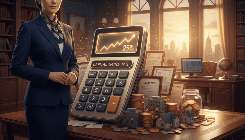 A detailed, visually appealing depiction of capital gains tax, featuring a dynamic composition. In the foreground, a professional individual in business attire stands proudly beside a large, intricately designed calculator displaying a rising graph, symbolizing increasing capital gains. The middle ground showcases stacks of coins, various investments like stocks and real estate models, emphasizing trust assets. In the background, a sophisticated office environment with large windows allows natural light to flood the space, casting a warm glow over the scene. The air is filled with an atmosphere of achievement and financial insight, conveying a sense of professionalism and trustworthiness. The scene is captured with a slightly angled perspective, allowing the viewer to experience the depth of the office setting.