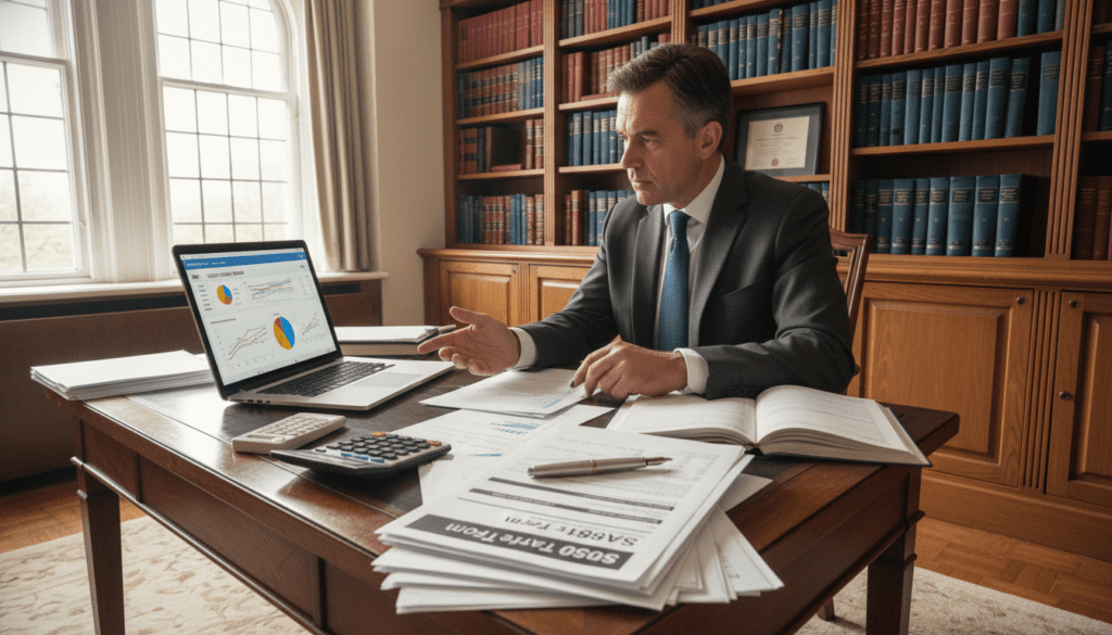 A detailed workspace illuminated by soft, natural light radiating from a large window, showcasing an elegant wooden desk strewn with financial documents and a sleek laptop displaying graphs and figures related to trust estate income. In the foreground, a neatly stacked pile of documents titled "SA900 Tax Form" highlighted among calculators and a stylish pen. The middle ground features a well-dressed professional in business attire, focused on analyzing the information, their expressions serious and engaged. The background reveals bookshelves filled with legal and financial texts, conveying a sense of professionalism and expertise. The overall mood is calm and focused, reflecting the meticulous nature of tax calculation and financial planning in the context of trust and estate management.