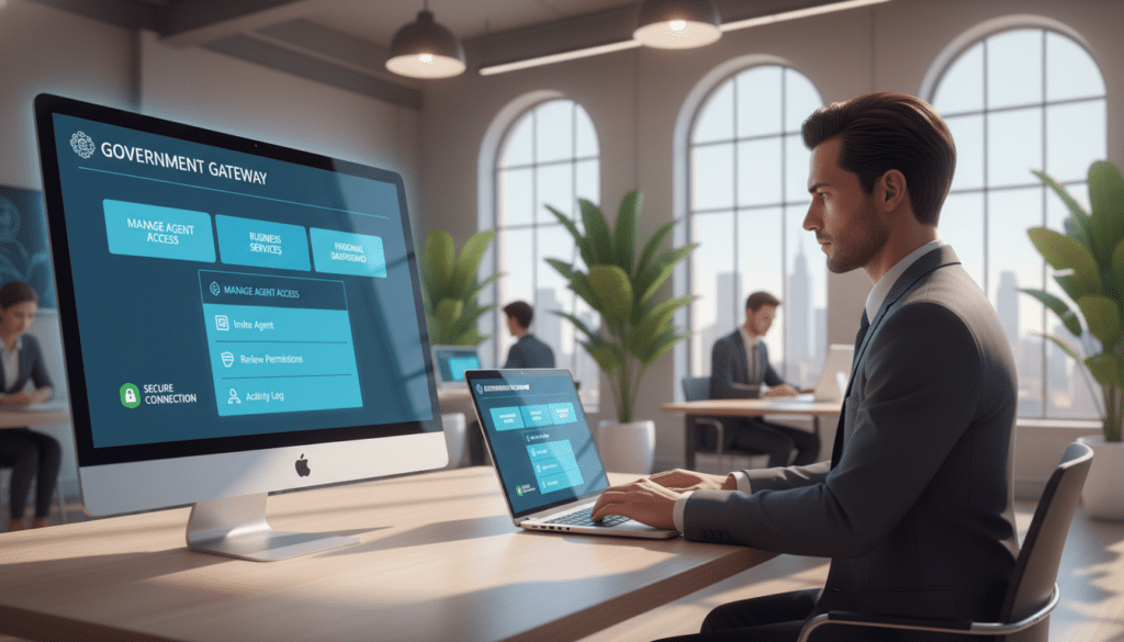 A digital illustration depicting a secure and modern "Government Gateway" portal. In the foreground, a sleek computer monitor displaying the Government Gateway interface with organized sections for managing agent access. In the middle ground, a professional individual, dressed in business attire, is thoughtfully engaging with a laptop, showcasing a focus on digital tasks. The background features a well-lit, contemporary office setting with soft lighting, large windows, and potted plants, evoking a sense of productivity and trust. The overall atmosphere is one of professionalism and efficiency, reflecting the importance of managing access securely and effectively in government transactions.