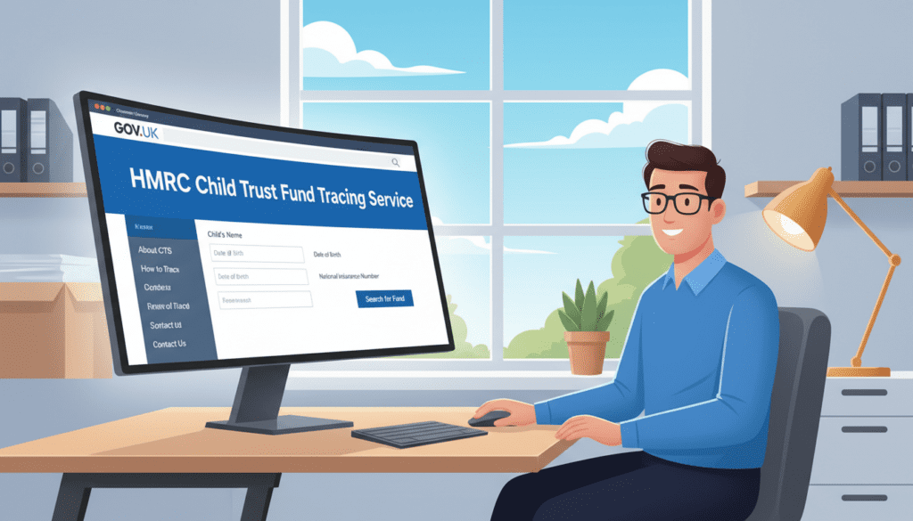 A digital illustration of a modern government gateway interface representing HMRC online services for Child Trust Fund tracing. In the foreground, a sleek computer monitor displays the GOV.UK website with a user-friendly layout featuring forms and navigation menus relevant to child trust funds. The middle ground features an office space with a window showcasing a sunny day, symbolizing transparency and accessibility. A professional-looking individual, dressed in smart casual attire, interacts with the computer, reflecting a sense of engagement and trust. The background is softly blurred, highlighting the workspace with neatly organized files and a potted plant, creating a warm and inviting atmosphere. Soft natural lighting creates a sense of clarity and optimism.