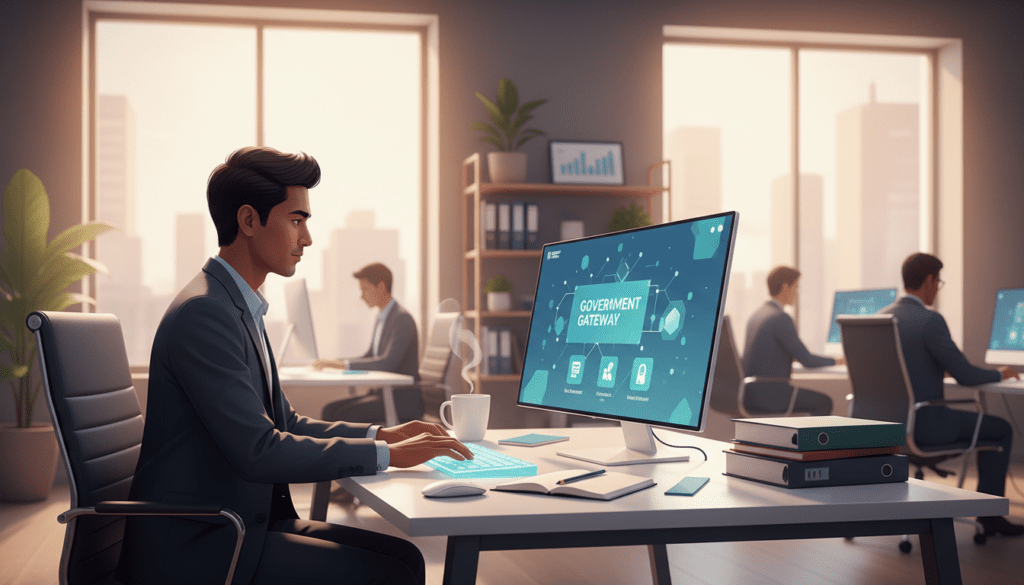 A digital illustration of a stylized Government Gateway interface, set in an inviting, modern office environment. In the foreground, a professional individual of diverse ethnicity interacts with a sleek computer displaying the Government Gateway website, focused and engaged. In the middle ground, scattered office elements like tax documents, a coffee mug, and a notepad emphasize the theme of tax registration. The background features a contemporary office with soft lighting filtering through large windows, creating a warm and productive atmosphere. The overall mood is supportive and professional, symbolizing trust and digital accessibility. The image should have a clean, organized aesthetic, without any text or distractions.