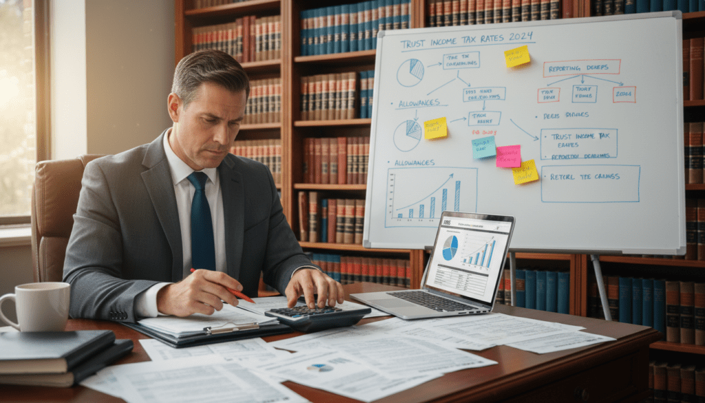 A focused office setting illustrating the concept of income tax due on trust income. In the foreground, a serious accountant, dressed in professional business attire, is analyzing documents and calculations on a desk cluttered with tax forms, a calculator, and a laptop displaying financial graphs. In the middle ground, a large whiteboard displays detailed charts showing income tax rates, rules, and allowances, with colored markers and sticky notes organized neatly. In the background, shelves filled with tax guides and financial books suggest a well-researched environment. Soft, natural lighting filters through a window, creating a thoughtful and meticulous atmosphere, inviting a sense of professionalism and clarity in tax processes.