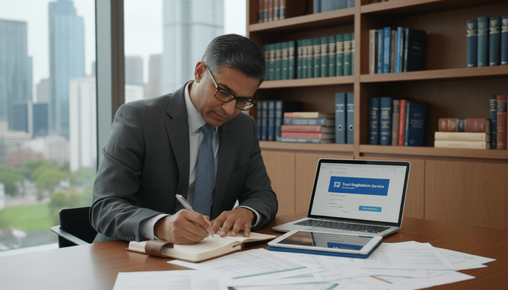 A focused scene of a modern office environment, featuring a professional accountant at a desk, diligently working on a laptop while reviewing documents related to the Trust Registration Service (TRS). In the foreground, the accountant, a middle-aged South Asian male dressed in a tailored suit, is writing notes on a notepad, with a focused expression. In the middle, a stack of financial papers and a tablet displaying the TRS interface. The background reveals a softly lit office space with a bookshelf filled with legal and financial texts, and a large window showcasing a cityscape under natural daylight. The overall mood is one of diligence, professionalism, and trust, capturing the essence of claiming a trust on TRS. A focused scene of a modern office environment, featuring a professional accountant at a desk, diligently working on a laptop while reviewing documents related to the Trust Registration Service (TRS). In the foreground, the accountant, a middle-aged South Asian male dressed in a tailored suit, is writing notes on a notepad, with a focused expression. In the middle, a stack of financial papers and a tablet displaying the TRS interface. The background reveals a softly lit office space with a bookshelf filled with legal and financial texts, and a large window showcasing a cityscape under natural daylight. The overall mood is one of diligence, professionalism, and trust, capturing the essence of claiming a trust on TRS.