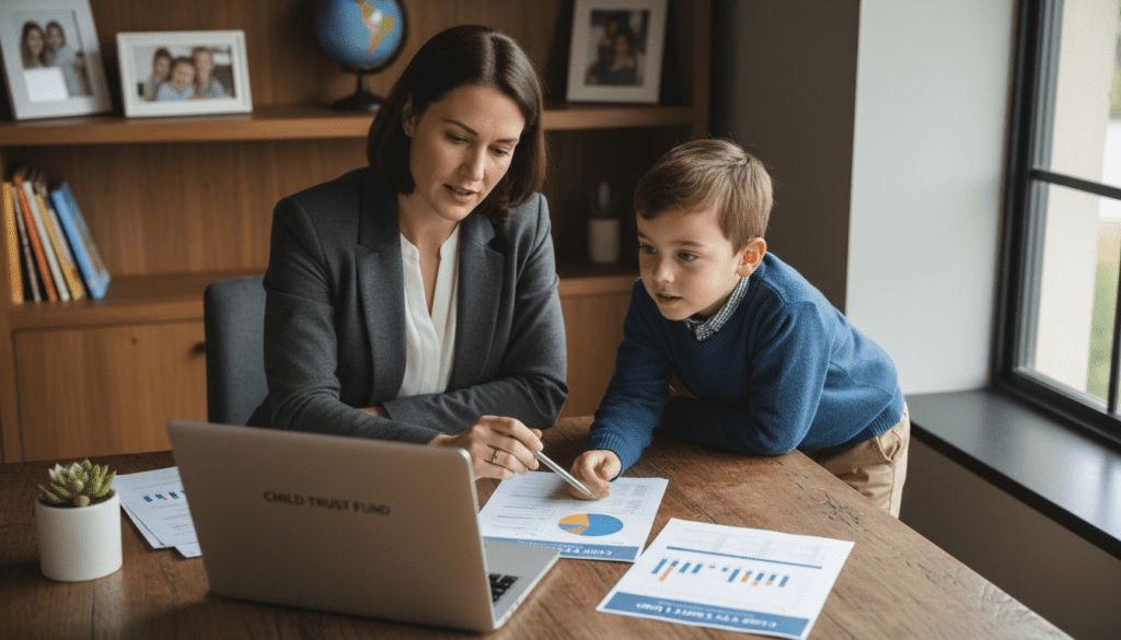 A focused scene showcasing a parent and child sitting at a wooden table, managing a Child Trust Fund together. The parent, dressed in professional business attire, is reviewing financial documents, while the child, in smart casual clothing, looks on with curiosity. In the foreground, an open laptop displays a colorful financial dashboard, and a few documents are spread out, accented by a decorative plant. The middle ground features soft, warm lighting from a nearby window, casting gentle shadows, adding to a cozy atmosphere. In the background, shelves with family photos and children's books create a sentiment of nurturing and stability. The angle is slightly above eye level to capture both faces and emphasize the interaction, conveying a mood of care, responsibility, and shared learning.