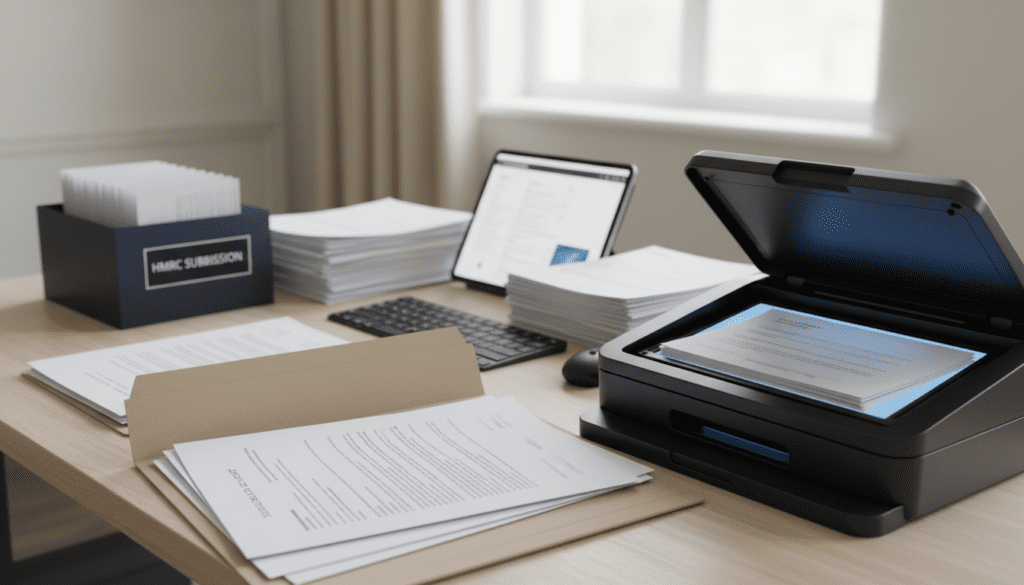 A meticulously organized desk scene featuring a collection of scanned trust documents spread out. In the foreground, a close-up of an open file folder displaying clearly visible, well-arranged pages with official trust documentation. In the middle ground, a high-quality scanner is positioned, with a glowing, illuminated scanning area, emphasizing the action of digitizing documents. In the background, a softly blurred window allows natural light to filter in, creating a warm and professional atmosphere. The overall mood is orderly and methodical, ideal for conveying the meticulousness required for submitting documents to HMRC. The lighting is bright yet soft, highlighting the details of the paperwork while maintaining a focused and inviting environment.