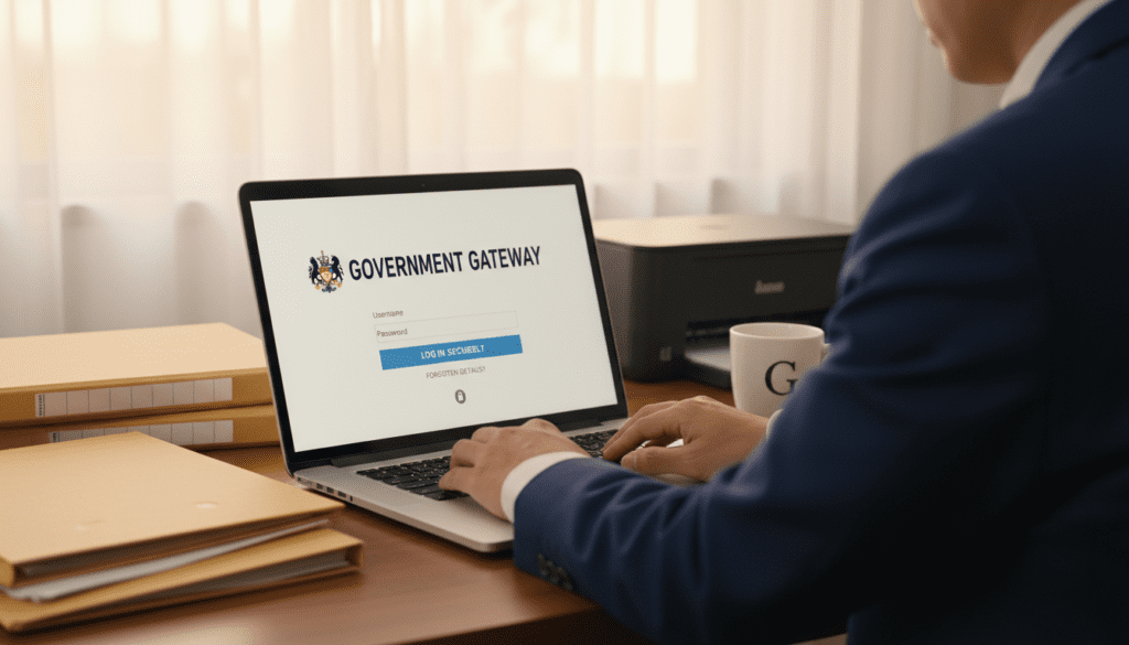 A modern and user-friendly digital interface representing “Government Gateway access,” prominently displayed on a sleek laptop screen in the foreground. The laptop is surrounded by essential office items: a stack of organized files, a printer, and a coffee cup, emphasizing a professional home office environment. In the middle ground, a blurred figure of a professional in business attire is seen engaging with the laptop, symbolizing identification and access processes. In the background, soft window light filters through sheer curtains, casting a warm glow, which adds to the atmosphere of focus and productivity. The composition captures a sense of trust and efficiency, suitable for important governmental tasks. The angle is slightly elevated to highlight the user interface, creating a clear focal point on the laptop screen.