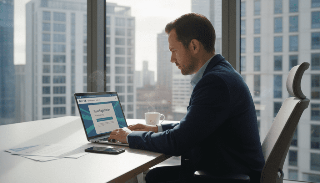 A modern office environment depicting the concept of a "Government Gateway" account setup for trust registration. In the foreground, a professional-looking person, dressed in business attire, is seated at a sleek desk, focused intently on a laptop screen displaying a government website interface. In the middle ground, elements such as papers, a smartphone, and a coffee mug enhance the scene's authenticity. The background features a large window with natural light streaming in, providing a warm and inviting atmosphere, with cityscape views. Soft, diffused lighting creates a calm and productive mood, while the camera angle is slightly above eye level for a dynamic perspective. The overall composition emphasizes clarity, professionalism, and the digital aspect of government registration processes.