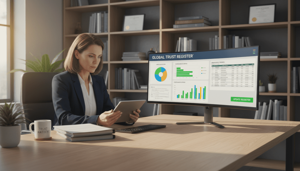 A modern office environment featuring a detailed desktop scene focused on a computer screen displaying a digital Trust Register interface. In the foreground, a professional individual in business attire, a middle-aged Caucasian woman, is seated at the desk, intently reviewing trust documents. The middle layer showcases the computer screen with colorful graphs and spreadsheets, symbolizing trust data management. In the background, shelves lined with financial books and certificates create a sense of professionalism. Soft, natural lighting illuminates the space, casting a warm glow. The mood is focused and attentive, emphasizing the importance of keeping trust details up to date. The angle is slightly above eye level, capturing the workspace layout harmoniously.