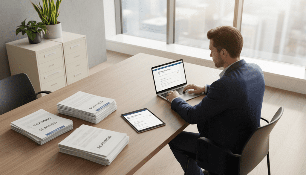 A modern office environment showcasing a professional workspace dedicated to the Trust Registration Service. In the foreground, a neat desk is filled with neatly stacked scanned trust documents, a digital tablet displaying an online submission portal, and a sleek laptop. A business professional, dressed in formal attire, is focused on the screen, reviewing scanned documents, with a look of concentration. In the middle ground, a filing cabinet with labeled folders organizing various paperwork, and a plant adding a touch of greenery. The background features a tall window with soft, natural light streaming in, creating a bright and welcoming atmosphere. The angle of the shot is slightly overhead, highlighting the organized workspace, evoking a mood of efficiency and professionalism.