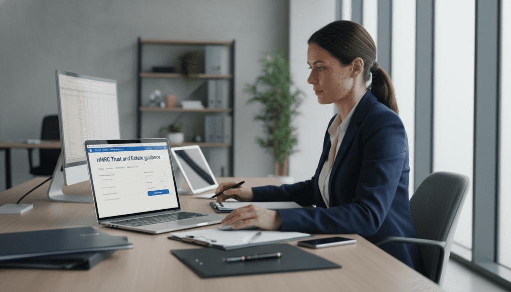A modern office scene depicting a professional individual, dressed in business attire, seated at a sleek desk surrounded by digital devices, illustrating the concept of managing an estate online. The foreground features a close-up of a laptop screen displaying the HMRC Trust and Estate guidance interface. In the middle, the individual is focused on the screen, with paperwork neatly organized throughout the workspace. The background shows a clean, well-lit office environment with soft natural light filtering through large windows, creating a productive and serene atmosphere. A subtle depth of field highlights the foreground while softly blurring the background elements. The overall mood conveys professionalism and efficiency in the context of navigating trust and estate guidance. A modern office scene depicting a professional individual, dressed in business attire, seated at a sleek desk surrounded by digital devices, illustrating the concept of managing an estate online. The foreground features a close-up of a laptop screen displaying the HMRC Trust and Estate guidance interface. In the middle, the individual is focused on the screen, with paperwork neatly organized throughout the workspace. The background shows a clean, well-lit office environment with soft natural light filtering through large windows, creating a productive and serene atmosphere. A subtle depth of field highlights the foreground while softly blurring the background elements. The overall mood conveys professionalism and efficiency in the context of navigating trust and estate guidance.