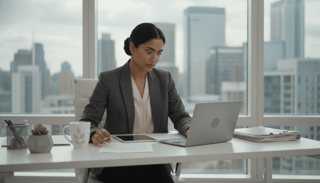 A modern office scene focused on a professional woman of South Asian descent sitting at a sleek desk with a laptop open, examining documents related to the Trust Registration Service. Foreground features the woman dressed in smart business attire, looking thoughtfully at her paperwork, with a focused expression. Middle ground includes a tidy desk cluttered with files, a coffee cup, and a plant, creating an organized yet approachable atmosphere. Background shows a bright office window with city skyscrapers outside, allowing natural light to illuminate the space. The overall mood is one of professionalism and diligence, capturing the essence of navigating tax registration effectively. Use soft, natural lighting to create an inviting and productive ambiance. A modern office scene focused on a professional woman of South Asian descent sitting at a sleek desk with a laptop open, examining documents related to the Trust Registration Service. Foreground features the woman dressed in smart business attire, looking thoughtfully at her paperwork, with a focused expression. Middle ground includes a tidy desk cluttered with files, a coffee cup, and a plant, creating an organized yet approachable atmosphere. Background shows a bright office window with city skyscrapers outside, allowing natural light to illuminate the space. The overall mood is one of professionalism and diligence, capturing the essence of navigating tax registration effectively. Use soft, natural lighting to create an inviting and productive ambiance.