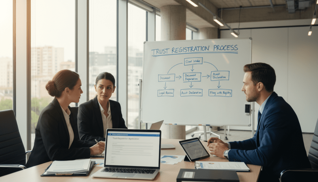 A modern office scene illustrating the concept of a Trust Registration Service, featuring a diverse group of three professionals—two women and one man, all dressed in professional business attire—gathered around a sleek conference table. In the foreground, a laptop displays a trust registration form beside neatly arranged documents and a digital tablet. The middle ground includes a large whiteboard with flowcharts outlining steps of trust registration. The background shows an office with large windows allowing natural sunlight to flood in, reflecting a bright and inviting atmosphere. The scene is captured from a slightly elevated angle, enhancing the sense of collaboration and seriousness. Warm lighting adds a professional yet welcoming feel, emphasizing the importance of trust registration in a business context.