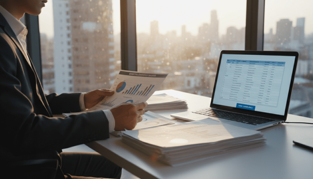 A modern office setting emphasizing the concept of "beneficial owner information" for compliance. In the foreground, a focused business professional in formal attire inspects documents on a sleek desk, highlighting stacks of papers with graphs and charts. The middle layer features an open laptop displaying a spreadsheet of beneficial owner details, with soft light reflecting off the screen. The background shows a glass wall with a city skyline, bathed in warm afternoon light, creating a productive atmosphere. The mood is serious yet organized, reflecting the importance of maintaining accurate records for HMRC compliance. The composition includes a slight depth of field, emphasizing the subject while softly blurring the background elements.