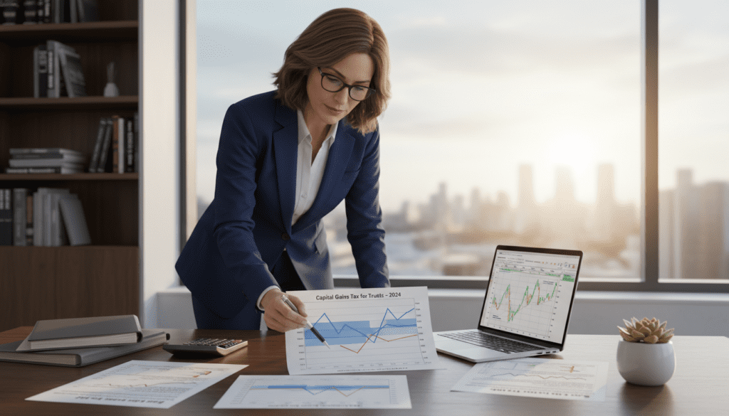 A modern office setting featuring a professional financial advisor reviewing documents on capital gains tax for trusts. In the foreground, a middle-aged woman in a business suit analyzes a graph detailing tax thresholds and rates, with a laptop open beside her displaying financial charts. In the middle ground, an elegant wooden desk holds tax forms, a calculator, and a potted plant, adding a touch of greenery. In the background, a window allows natural light to illuminate the scene, creating a warm and focused atmosphere. A soft-focus view of bookshelves filled with financial literature enhances the professional setting, emphasizing a sense of authority and expertise, while maintaining a clean and organized environment. A modern office setting featuring a professional financial advisor reviewing documents on capital gains tax for trusts. In the foreground, a middle-aged woman in a business suit analyzes a graph detailing tax thresholds and rates, with a laptop open beside her displaying financial charts. In the middle ground, an elegant wooden desk holds tax forms, a calculator, and a potted plant, adding a touch of greenery. In the background, a window allows natural light to illuminate the scene, creating a warm and focused atmosphere. A soft-focus view of bookshelves filled with financial literature enhances the professional setting, emphasizing a sense of authority and expertise, while maintaining a clean and organized environment.