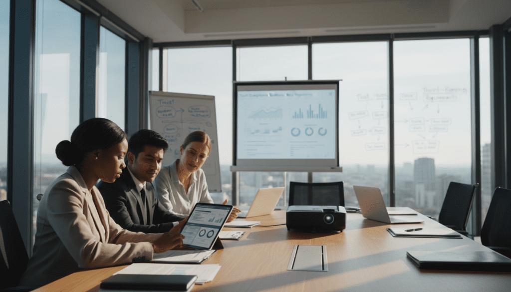 A modern office setting, filled with natural light from large windows. In the foreground, a diverse group of professional individuals in business attire, focused on a digital tablet displaying a detailed dashboard of trust registration service information. The middle features a wooden conference table cluttered with legal documents, laptops, and a sleek projector displaying charts and compliance guidelines. In the background, a large whiteboard with diagrams illustrating trust record-keeping requirements is partially visible. The overall atmosphere conveys diligence and professionalism, emphasizing the importance of compliance with HMRC regulations. The lighting is bright and warm, reminiscent of a productive work environment, with a slight depth of field effect to draw attention to the foreground interactions.