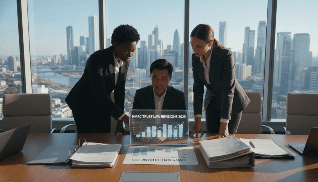A modern office setting illustrating the concept of HMRC trust updates in a clear and professional manner. In the foreground, a diverse group of three business professionals, dressed in smart business attire, are engaged in a discussion around a digital tablet displaying financial graphs and data. The middle layer features an elegant wooden conference table with documents and financial reports scattered, enhancing the focus on compliance changes for 2025. The background shows a large window with a cityscape view, allowing natural light to fill the room, creating a bright and optimistic atmosphere. The scene should convey a sense of urgency and professionalism, with a focus on teamwork and forward-thinking strategies.