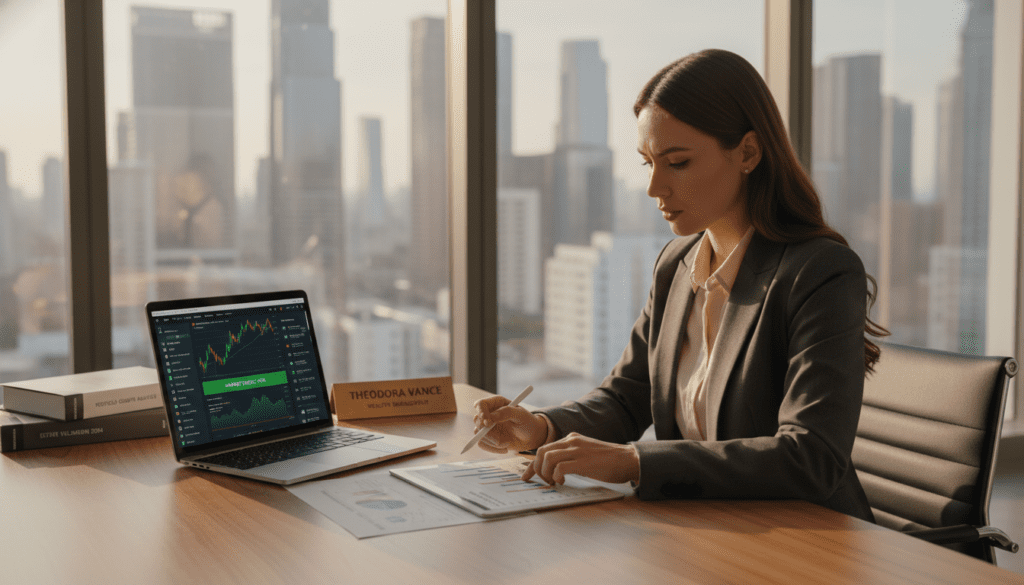 A modern office setting underscores the theme of capital gains within the context of trusts and estates. In the foreground, a professional-looking woman in business attire examines a document on her desk, which displays graphs and figures relevant to capital gains. In the middle ground, neatly stacked financial reports and a laptop screen vibrantly showcase rising stock market trends and investment portfolios. The background features blurred cityscape views through large windows, bathed in warm, natural light that creates a motivating and focused atmosphere. The camera angle is slightly elevated, emphasizing the paperwork and the woman's engaged expression. The overall mood conveys diligence and professionalism, inviting curiosity about the complexities of capital gains in estate tax considerations.