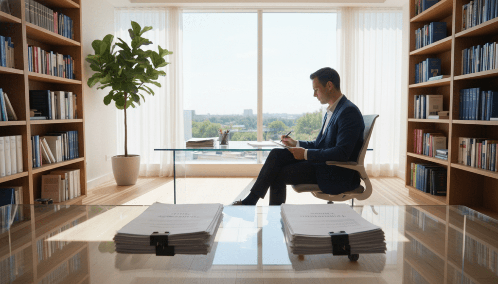 A modern office setting with a clear glass desk in the foreground, featuring neatly stacked documents labeled "Trust Agreement" and "Tax Exemption Forms." In the middle ground, a professional individual in business attire, focused on reviewing paperwork, sits on a sleek ergonomic chair. Sunlight streams through large windows, casting soft shadows and creating a warm, inviting atmosphere. In the background, bookshelves filled with financial and legal reference books, along with a potted plant, enhance the professional environment. The image has a bright, uplifting mood, symbolizing clarity and understanding in navigating HMRC trust registration rules for non-taxable and express trusts. Shot with a wide-angle lens under natural lighting to emphasize the spaciousness of the office. A modern office setting with a clear glass desk in the foreground, featuring neatly stacked documents labeled "Trust Agreement" and "Tax Exemption Forms." In the middle ground, a professional individual in business attire, focused on reviewing paperwork, sits on a sleek ergonomic chair. Sunlight streams through large windows, casting soft shadows and creating a warm, inviting atmosphere. In the background, bookshelves filled with financial and legal reference books, along with a potted plant, enhance the professional environment. The image has a bright, uplifting mood, symbolizing clarity and understanding in navigating HMRC trust registration rules for non-taxable and express trusts. Shot with a wide-angle lens under natural lighting to emphasize the spaciousness of the office.