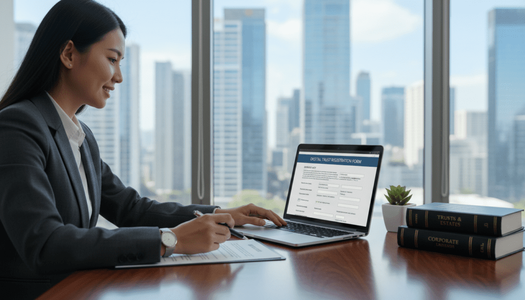 A modern office setting with a professional-looking desk in the foreground, featuring a laptop displaying a digital trust registration form. A poised business person in smart attire, focused on entering information, seated with a pen poised over a document. In the middle ground, a large window lets in natural light, enhancing the ambiance, and showcasing a city skyline that adds a sense of professionalism. On the desk, a few neatly stacked legal books and a plant bring elements of warmth. The background is subtly blurred to emphasize the foreground action, creating a sense of importance and urgency around the trust registration process. The overall mood is serious yet optimistic, reflecting clarity and trust in the registration process.