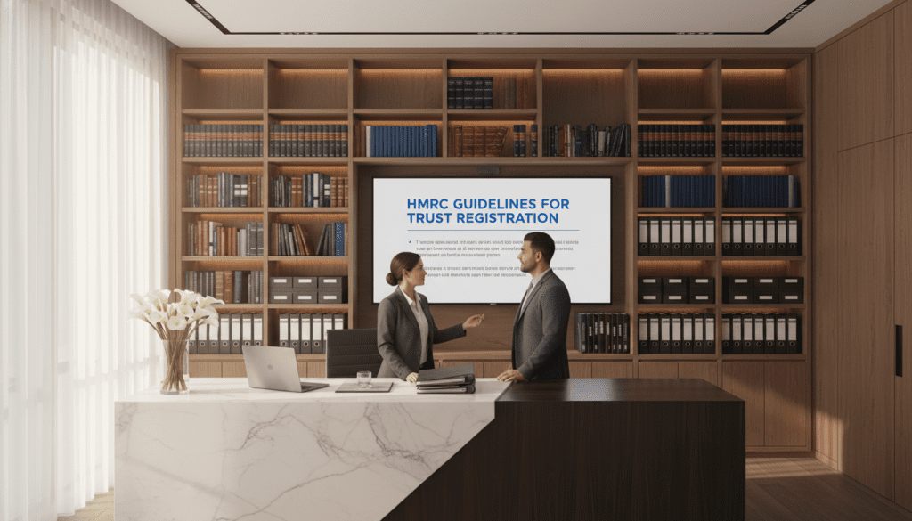 A modern registration service office, with a sleek reception desk in the foreground manned by a professional in business attire, assisting a client. The middle ground features a digital display of HMRC guidelines clearly visible on a screen, while organized documents and a laptop are placed on the desk. In the background, there are bookshelves filled with legal books and neatly arranged trust documents. Soft, natural lighting filters through large windows, casting a warm glow that creates an inviting ambiance. The camera angle is slightly above eye level, providing a comprehensive view of the workspace. The atmosphere is calm and efficient, reflecting the importance and professionalism of submitting trust documents properly.
