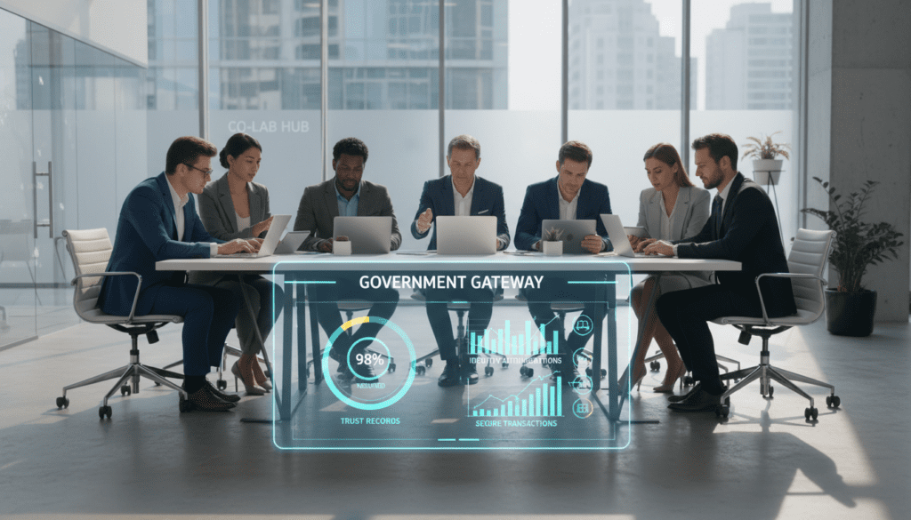 A modern, sleek digital interface representing the "Government Gateway" in the foreground, displaying a vibrant dashboard with user-friendly icons and graphs related to trust records. In the middle ground, an office environment featuring a diverse group of professionals in formal business attire, engaged with laptops and tablets, absorbed in accessing their records through the Government Gateway. The background showcases a stylish, contemporary office with large windows allowing natural light to flood the space, casting soft shadows and creating a collaborative atmosphere. The overall mood is focused and efficient, highlighting the importance of digital access in government services. The composition should include a slightly elevated angle to capture both the screen and the engaged users, with a clean, high-resolution finish.