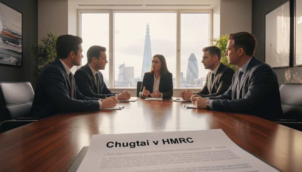 A modern, sophisticated office environment featuring a large conference table made of dark wood, surrounded by six professionals in business attire discussing trust management. In the foreground, a detailed legal document titled "Chugtai v HMRC" is partially visible, emphasizing the legal implications of IHT trusts. The middle ground features people engaged in animated conversation, their expressions serious yet focused, showcasing the intensity of the discussion. The background reveals a large window with soft, natural light pouring in, illuminating the room, with cityscape views of London. The mood is serious yet hopeful, capturing the essence of family trust discussions in a professional setting, symbolizing the importance of understanding inheritance tax regulations.