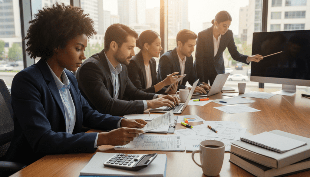 A neatly arranged office desk scene featuring diverse professionals gathered around a table laden with financial documents, calculators, and laptops. In the foreground, a focused woman in business attire reviews tax forms, her brow furrowed in concentration. In the middle, a diverse group of men and women, also dressed in professional attire, discuss and point at the documents, creating a collaborative atmosphere. The background shows a large window letting in soft, natural light, with a view of a calm cityscape. The overall mood is one of diligence and teamwork, emphasizing the importance of gathering accurate information for tax preparation. The angle of the shot is slightly elevated, capturing the collaborative spirit and attentiveness of the group.