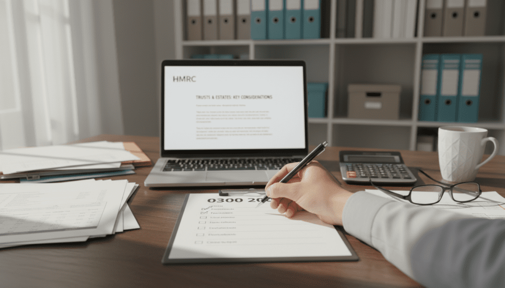 A neatly organized checklist titled "0300 200" placed prominently on a wooden desk. In the foreground, a hand holding a pen hovers above the checklist, ready to make notes. In the middle ground, an elegant, open laptop is displaying an HMRC logo alongside important documents related to trusts and estates. On the desk, a calculator, glasses, and a coffee mug contribute to a professional atmosphere. The background features softly blurred shelves filled with files and binders, suggesting an office setting. Natural light filters in through a nearby window, casting gentle shadows that enhance the mood of meticulous preparation and focus. The overall ambiance is serious yet inviting, evoking a sense of professionalism and diligence in financial planning. A neatly organized checklist titled "0300 200" placed prominently on a wooden desk. In the foreground, a hand holding a pen hovers above the checklist, ready to make notes. In the middle ground, an elegant, open laptop is displaying an HMRC logo alongside important documents related to trusts and estates. On the desk, a calculator, glasses, and a coffee mug contribute to a professional atmosphere. The background features softly blurred shelves filled with files and binders, suggesting an office setting. Natural light filters in through a nearby window, casting gentle shadows that enhance the mood of meticulous preparation and focus. The overall ambiance is serious yet inviting, evoking a sense of professionalism and diligence in financial planning.