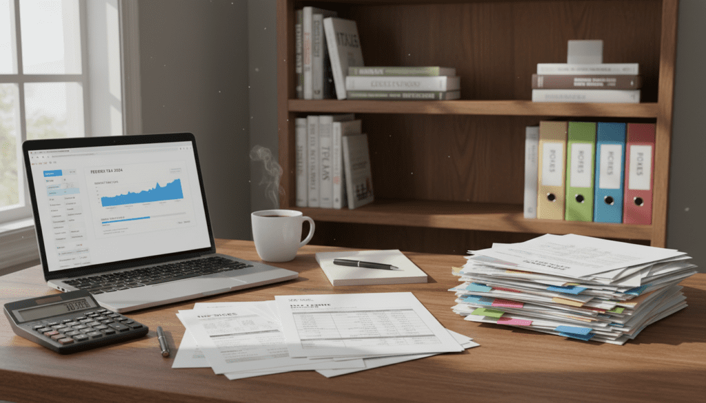 A neatly organized desk setup showcasing income records and financial documents relevant for tax preparation. In the foreground, a wooden desk holds a stack of neatly arranged invoices, receipts, and financial statements, clearly visible. A modern laptop with a tax preparation software interface is open, emitting a soft glow. In the middle, a calculator sits beside a cup of coffee, adding a practical touch. The background features a softly blurred bookshelf filled with neatly arranged financial books and binders, creating a warm, professional atmosphere. Natural light streams in through a nearby window, casting delicate shadows and enhancing the overall clarity of the scene. The mood is focused and organized, perfect for tax preparation tasks. A neatly organized desk setup showcasing income records and financial documents relevant for tax preparation. In the foreground, a wooden desk holds a stack of neatly arranged invoices, receipts, and financial statements, clearly visible. A modern laptop with a tax preparation software interface is open, emitting a soft glow. In the middle, a calculator sits beside a cup of coffee, adding a practical touch. The background features a softly blurred bookshelf filled with neatly arranged financial books and binders, creating a warm, professional atmosphere. Natural light streams in through a nearby window, casting delicate shadows and enhancing the overall clarity of the scene. The mood is focused and organized, perfect for tax preparation tasks.