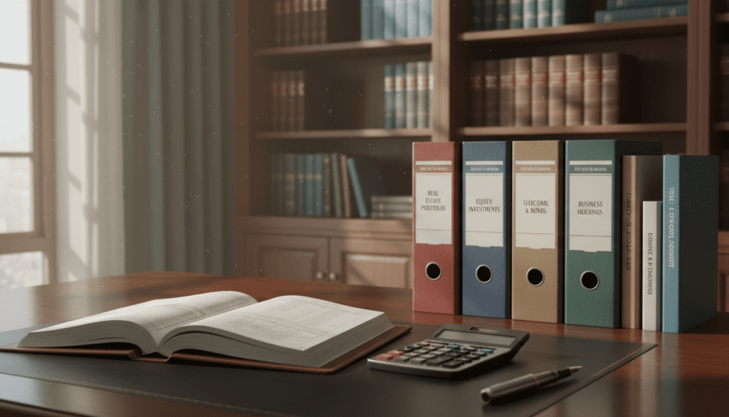 A neatly organized office desk in a well-lit room, showcasing key elements representing "assets held" in a trust registration context. In the foreground, a polished wooden desk with an open ledger showcasing financial records, accompanied by a sleek calculator and a stylish pen. In the middle ground, a collection of files and binders labeled with various asset types such as real estate, stocks, and bonds. The background features a bookshelf filled with legal texts and financial guides, hinting at the serious nature of trust registration. Soft natural lighting filters in through a window, casting gentle shadows, creating a focused and professional atmosphere. The overall mood is one of responsibility and clarity, reinforcing the importance of accurate record-keeping in financial matters.